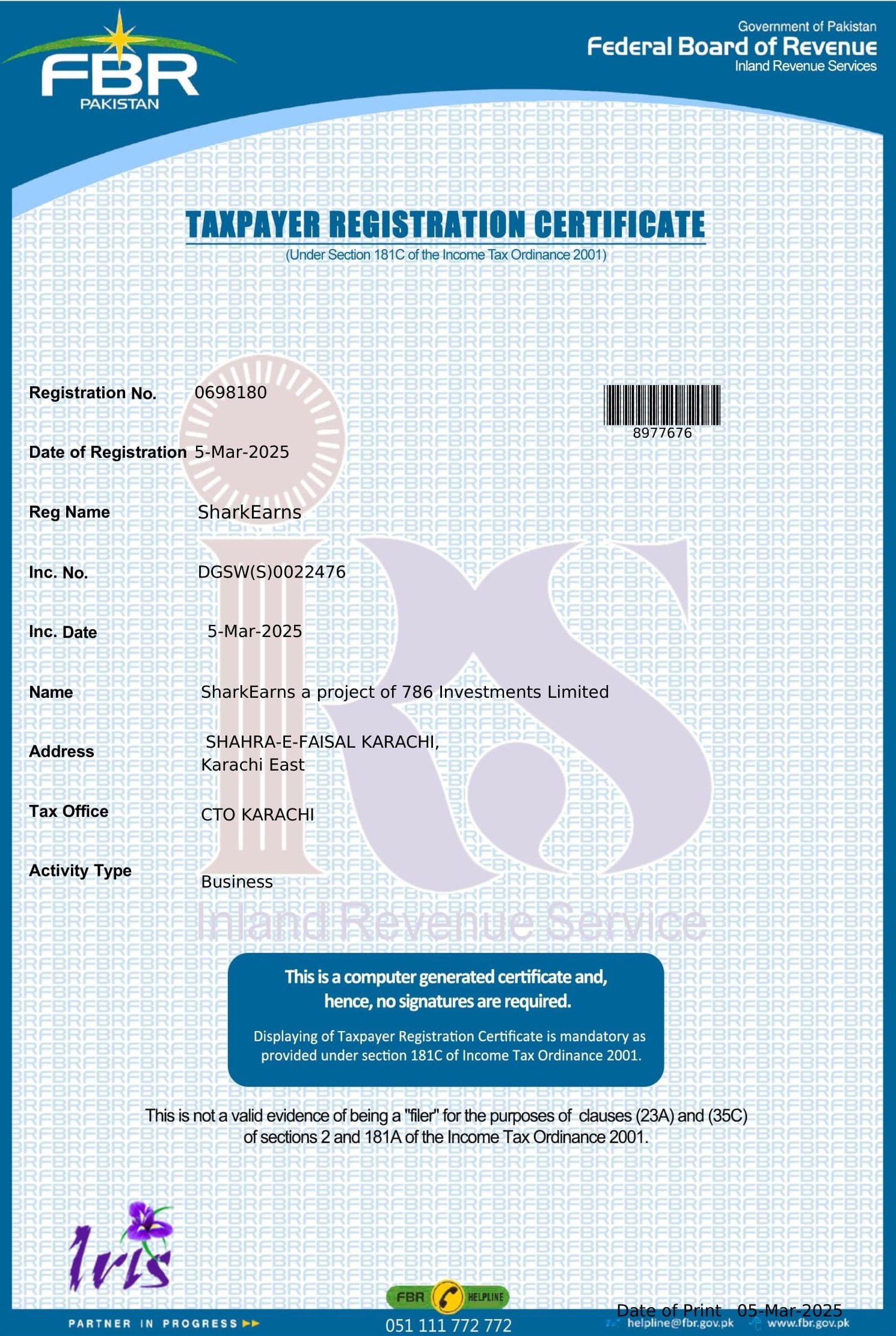 Taxpayer Registration Certificate